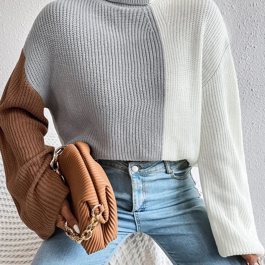 SHEIN Essnce Color Block Turtleneck Drop Shoulder Sweater