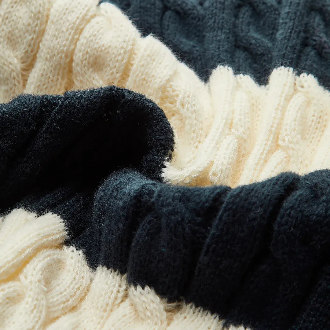 V-Neck Striped Cable Sweater