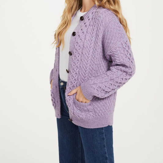 Achill Island Ladies Merino Aran Cardigan - Lavender
