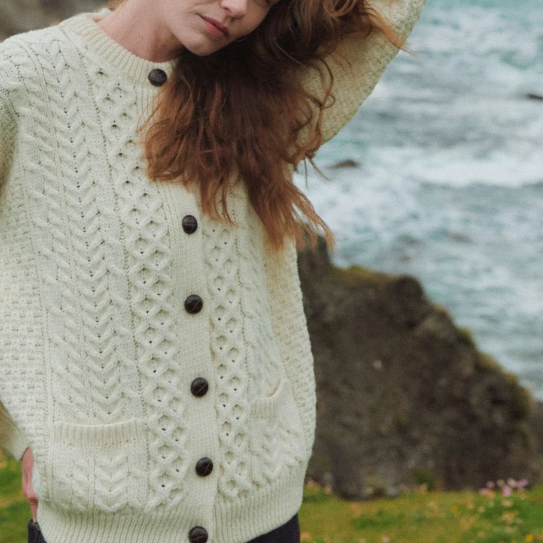 Achill Island Ladies Merino Aran Cardigan - Cream