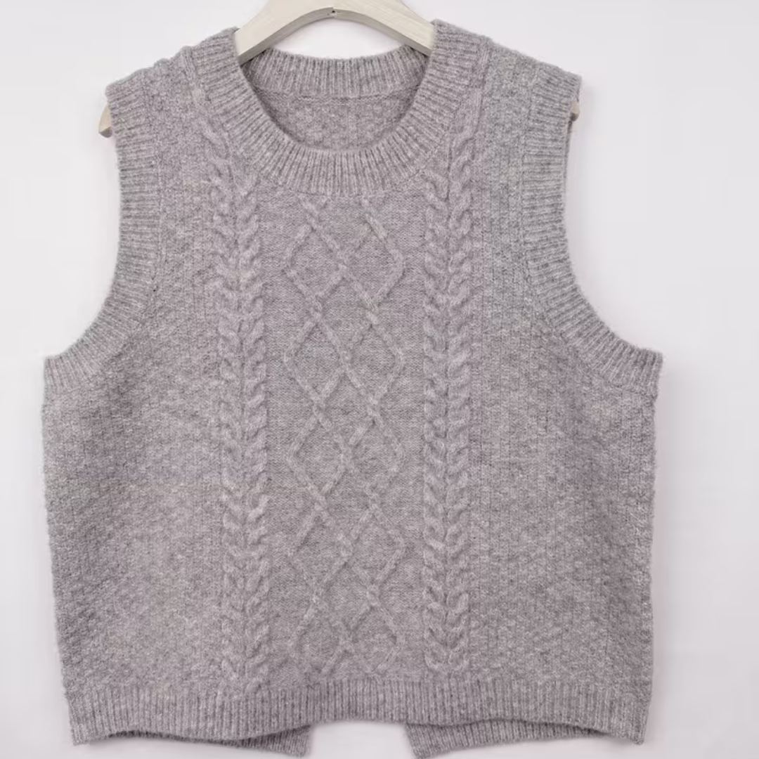 Women's Stretchy Cable- Vest - Round Neck Sleeveless Open Back Design, Solid Grey High Elasticity Machine-Washable Layering Piece for Spring/Fall, Casual to Formal Wear, Sleeveless Vests, Versatile Clothing, Academic Style, Comfortable Fit