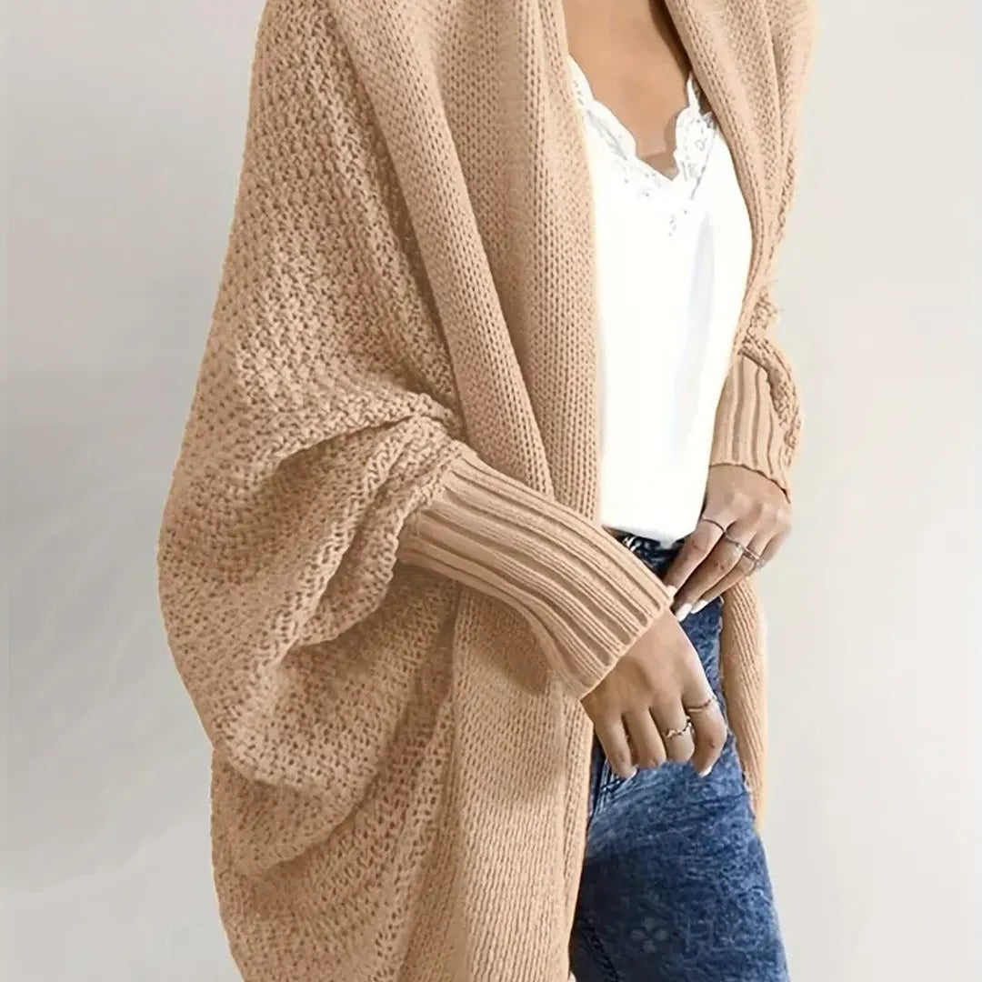 Solid Open Front Knit Cardigan, Casual Batwing Sleeve Oversized Sweater, Women's Clothing
