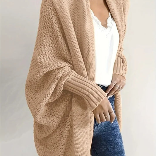 Solid Open Front Knit Cardigan, Casual Batwing Sleeve Oversized Sweater, Women's Clothing