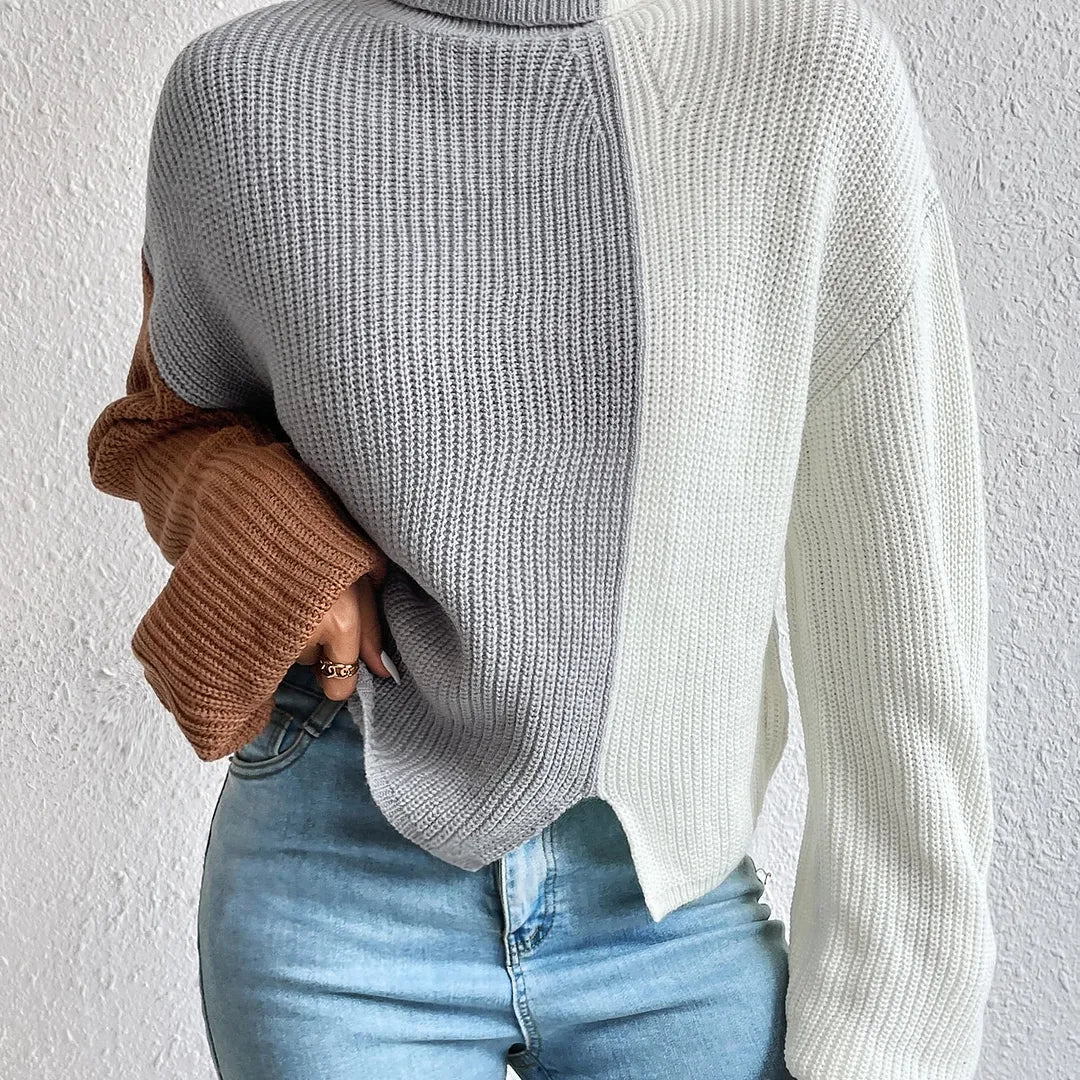 SHEIN Essnce Color Block Turtleneck Drop Shoulder Sweater