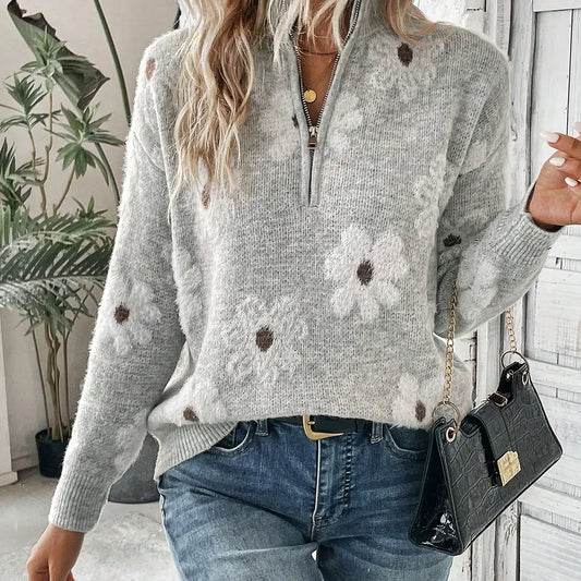 Floral Pattern Drop Shoulder Half Zip Pullover Sweater