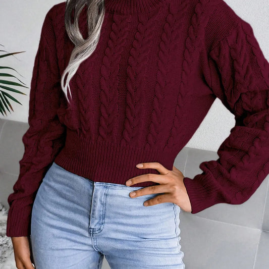 Women's Cable Knit Crew Neck Long Sleeve Cropped Pullover Sweater, Casual For Autumn/Winter