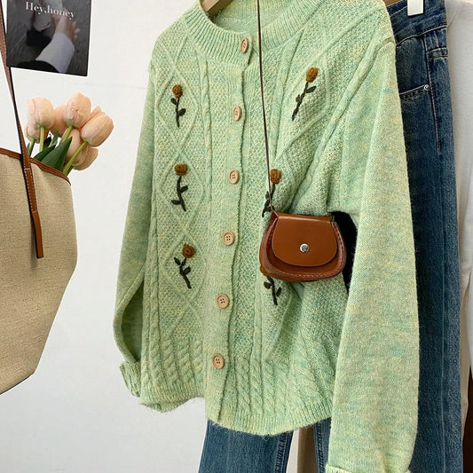 JIANHU Cream Floral Embroidered Cable Knit Cardigan For Women – Vintage Soft Button Down Sweater Top For Fall Winter Layering & Holiday Gifting | Warm And Versatile For Christmas, New Year Party & Daily Outfits