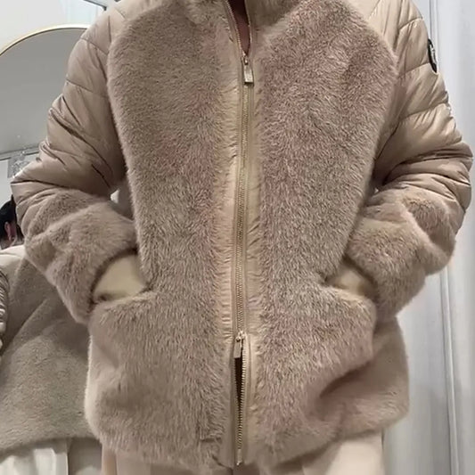 Women Stand Collar Splicing Plush Casual Cotton Jacket