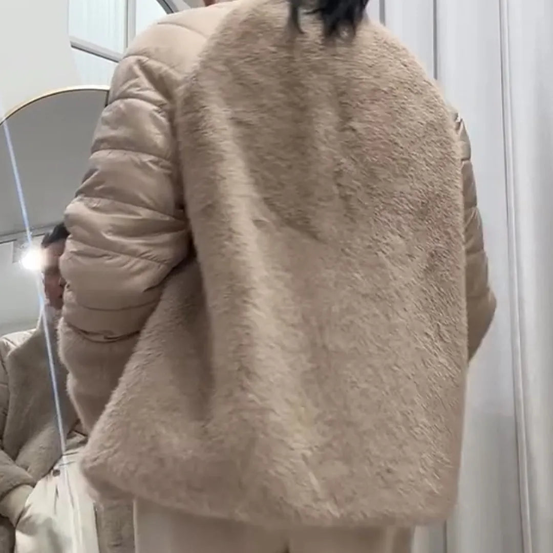 Women Stand Collar Splicing Plush Casual Cotton Jacket