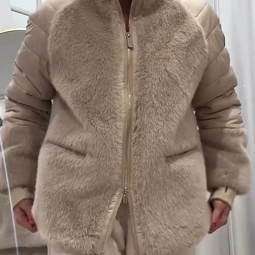 Women Stand Collar Splicing Plush Casual Cotton Jacket