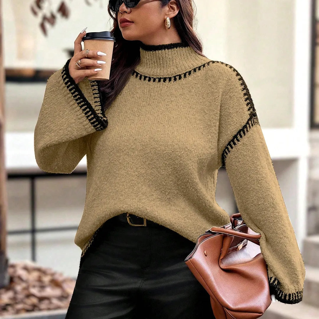 Vionelle Plus Size Women Knitted Pullover Sweater, Elegant Fashion Color Block Loose Fit Casual Versatile Top, Autumn/Winter Fall Sweater Jumper For Woman Brown Sweater Women Sweater Knitted Sweater