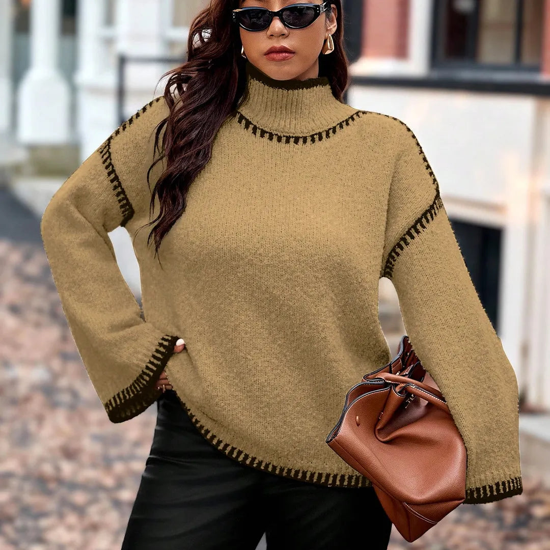 Vionelle Plus Size Women Knitted Pullover Sweater, Elegant Fashion Color Block Loose Fit Casual Versatile Top, Autumn/Winter Fall Sweater Jumper For Woman Brown Sweater Women Sweater Knitted Sweater