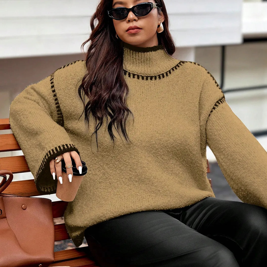 Vionelle Plus Size Women Knitted Pullover Sweater, Elegant Fashion Color Block Loose Fit Casual Versatile Top, Autumn/Winter Fall Sweater Jumper For Woman Brown Sweater Women Sweater Knitted Sweater