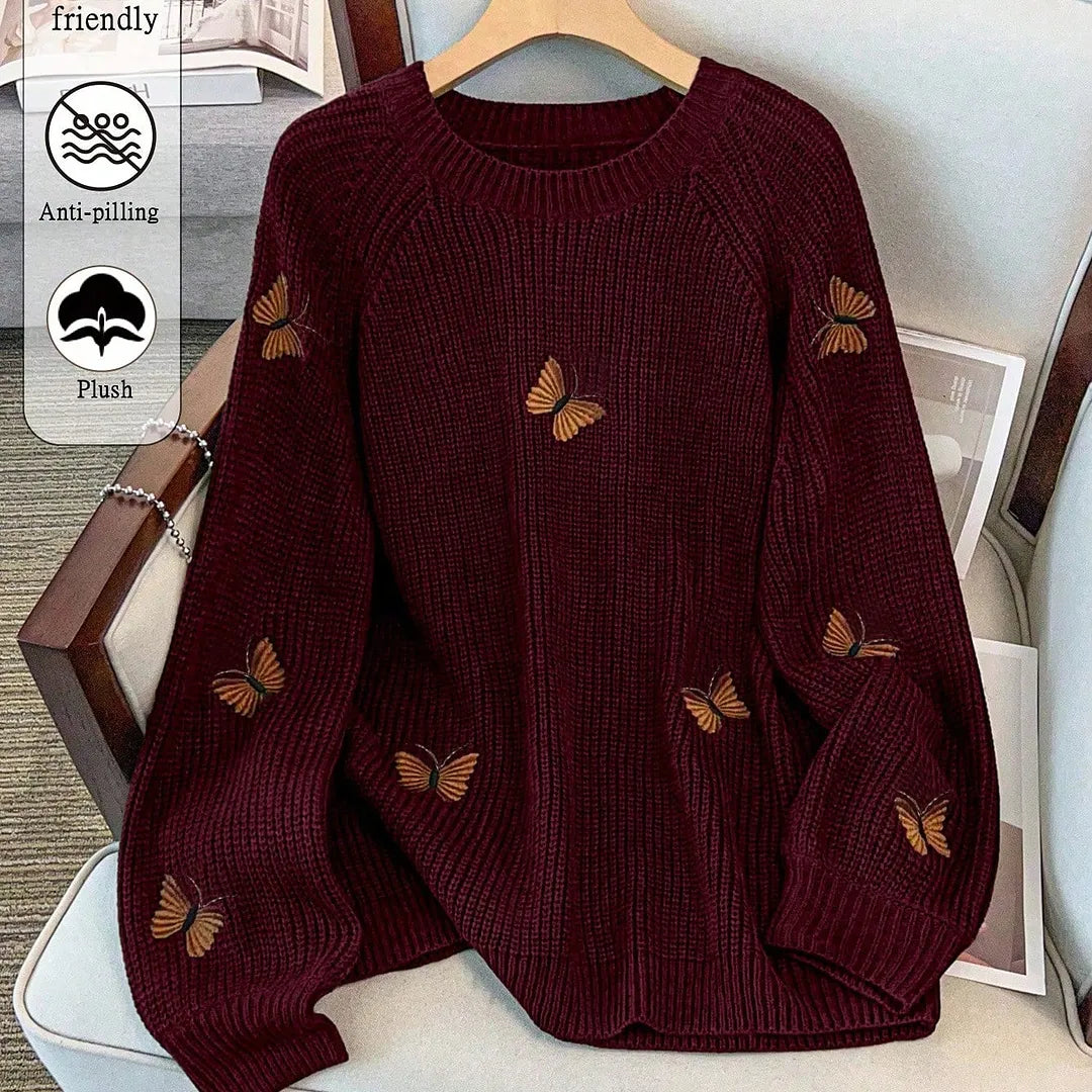 SHEIN Clasi Women Plain Knitted Bow Embroidery Flowers Long Sleeve Regular Elegant Pullover Sweater, Autumn Winter Sweater With Bowsbow Sweaterelegant Sweater Fall Cloth For Women