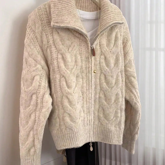 JIANHU Apricot Cable-Knit Zip-Up Cardigan - Fall/Winter Oversized Cardigan, Christmas Market & Street Style