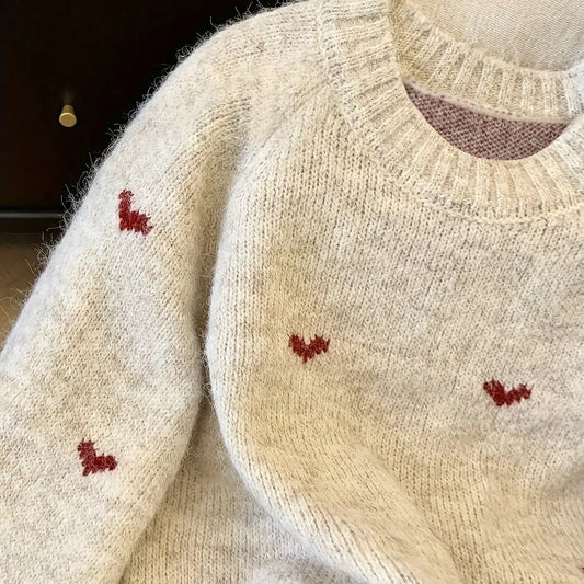 Women's Comfortable Heart Pattern Long Sleeve Pullover Sweater, Round Neck Design