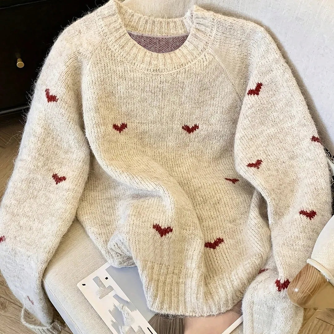 Women's Comfortable Heart Pattern Long Sleeve Pullover Sweater, Round Neck Design