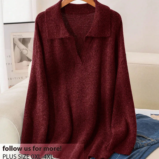 CosyJoli Plus Size Solid Color Casual Pullover Sweater, Autumn/Winter Dark Red Tops