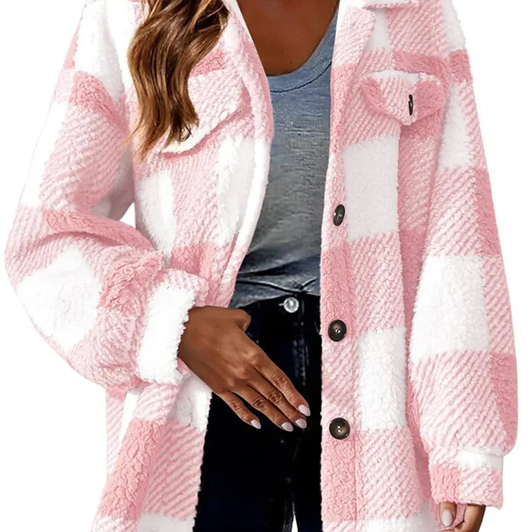 Women’s Loose Fit Plaid Stripe Shacket Jacket – Button Front Polyester Coat