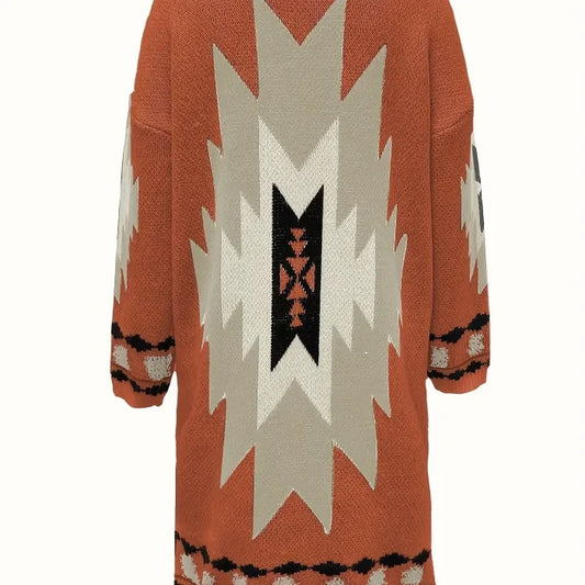Geometric Print Open Front Cardigan, Vintage Long Sleeve Cardigan For Spring & Fall, Women's Clothing