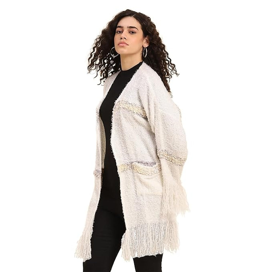 Boho Girl White Shrug Sleeved Winter Jacket Bright White Polyester Acrylic Blend Frills at Bottom Stripes Wide Sleeve Cardigan Lightweight Stylish