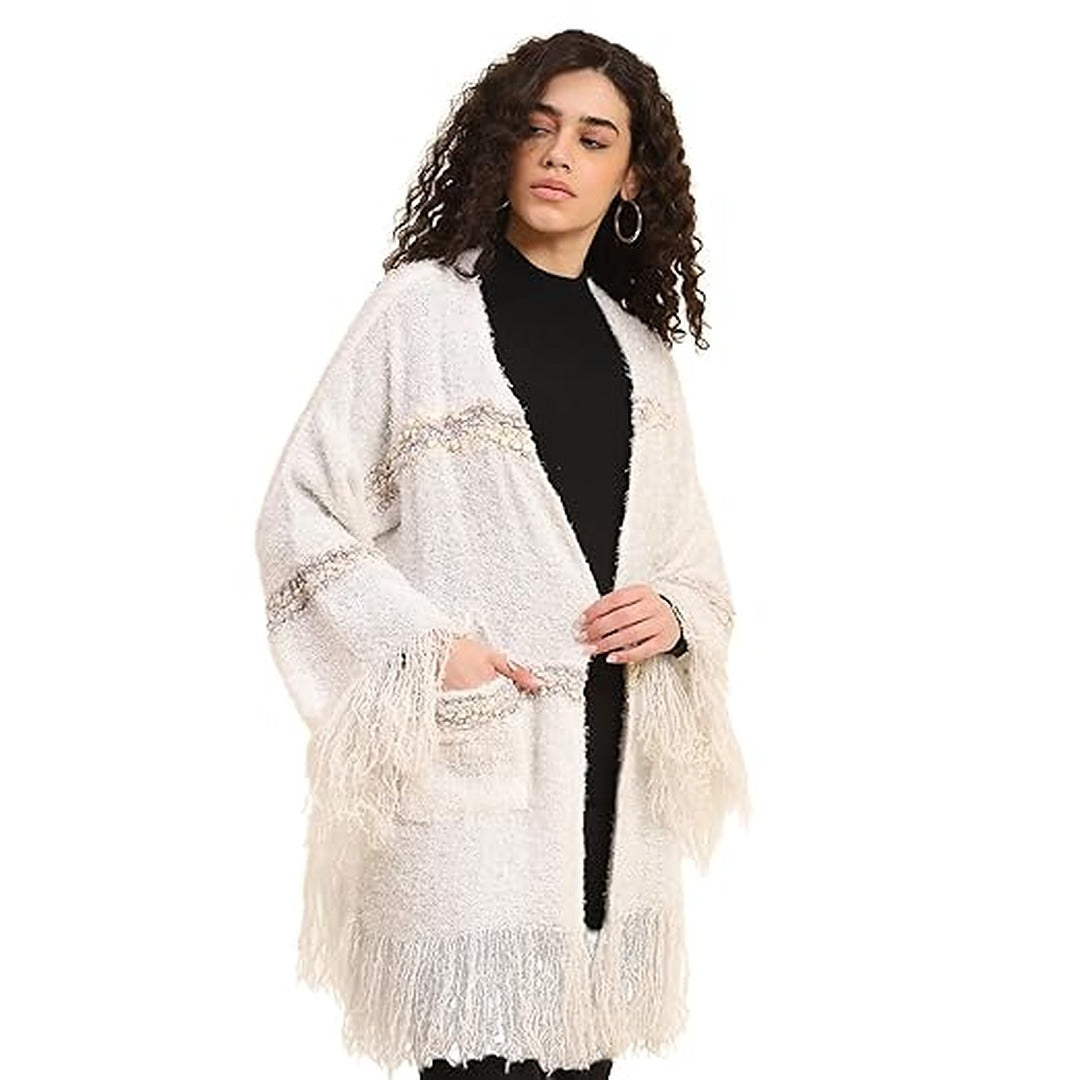 Boho Girl White Shrug Sleeved Winter Jacket Bright White Polyester Acrylic Blend Frills at Bottom Stripes Wide Sleeve Cardigan Lightweight Stylish