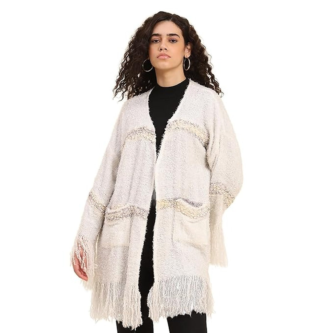 Boho Girl White Shrug Sleeved Winter Jacket Bright White Polyester Acrylic Blend Frills at Bottom Stripes Wide Sleeve Cardigan Lightweight Stylish