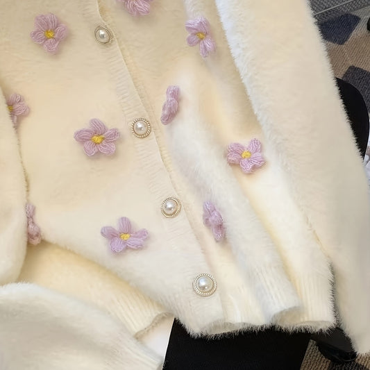 Chic Floral Embroidered Knit Cardigan - Cozy V-Neck, Long Sleeve Sweater for Women | Perfect for Fall & Winter
