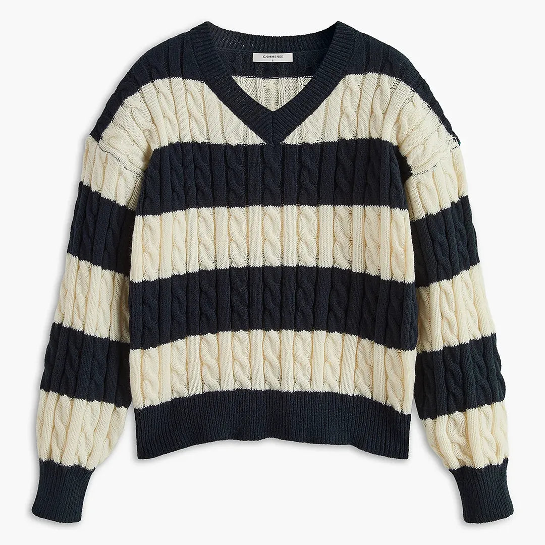 V-Neck Striped Cable Sweater