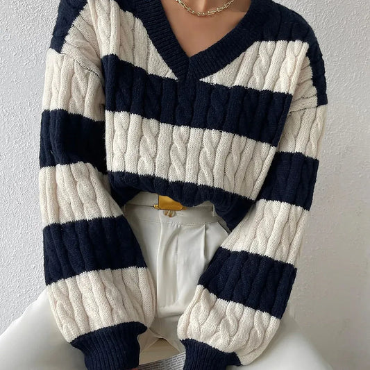 V-Neck Striped Cable Sweater