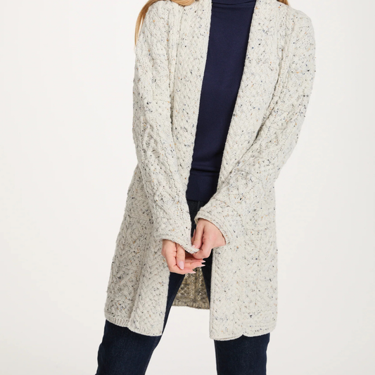 Tara Ladies Merino Aran Long Shawl Cardigan - Flecked Cream