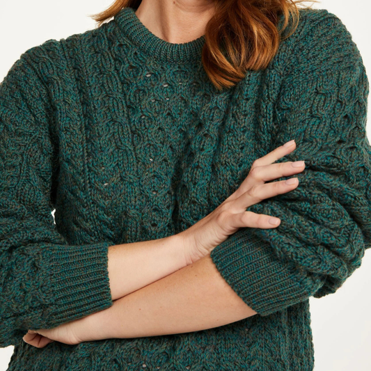 Inisheer Traditional Ladies Merino Aran Sweater - Green