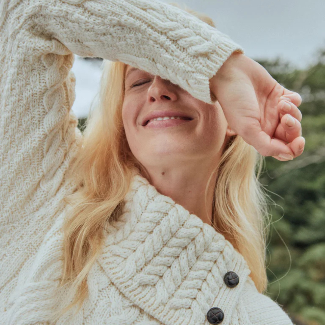 Maeve Aran Supersoft Merino Sweater with Button Collar - Cream