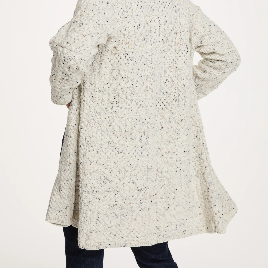 Tara Ladies Merino Aran Long Shawl Cardigan - Flecked Cream