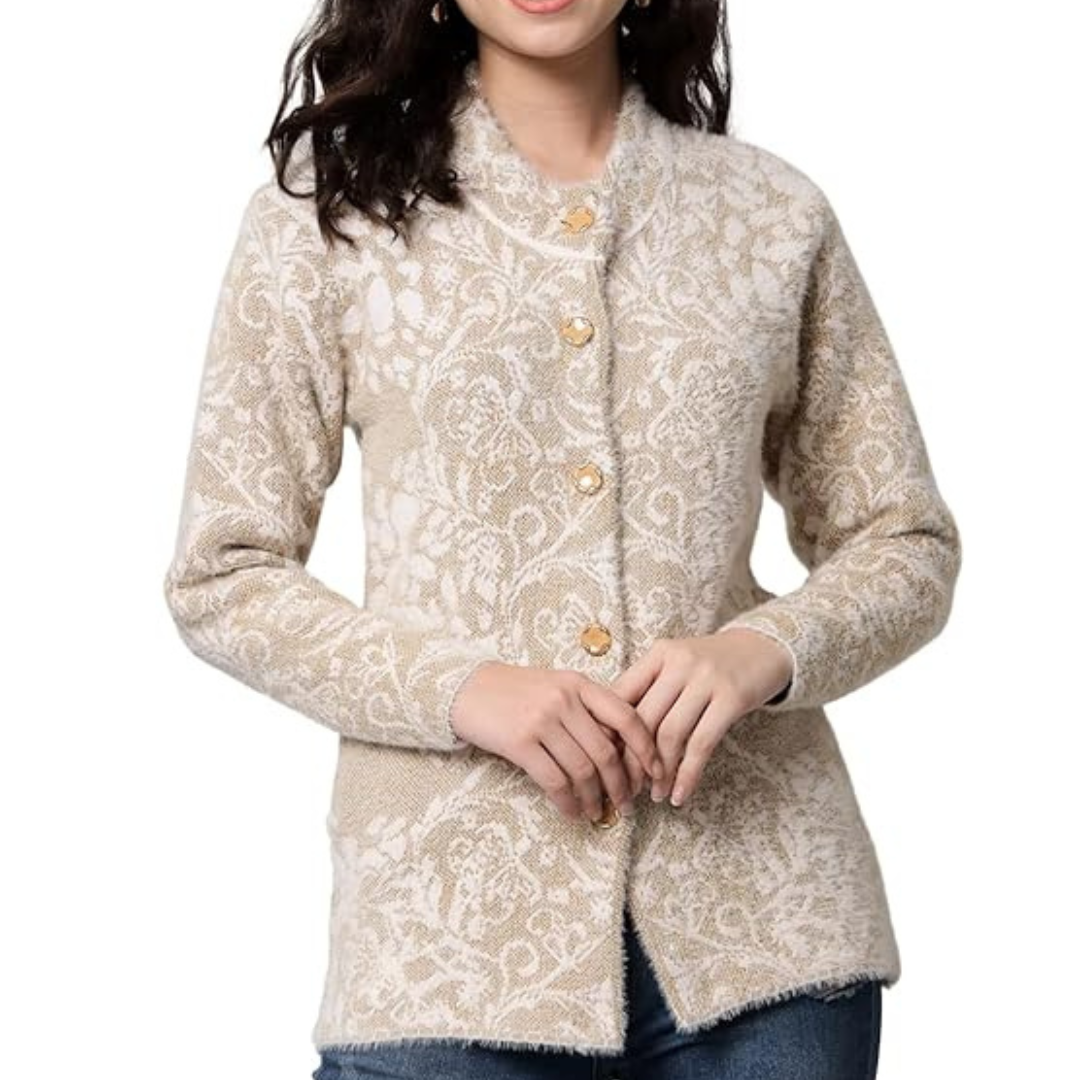 eWools Women's Wool Round Neck Cardigan