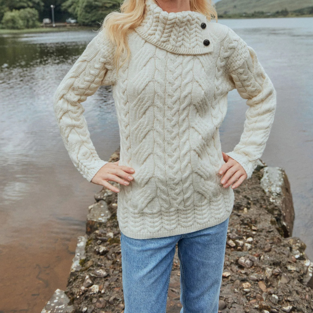 Maeve Aran Supersoft Merino Sweater with Button Collar - Cream