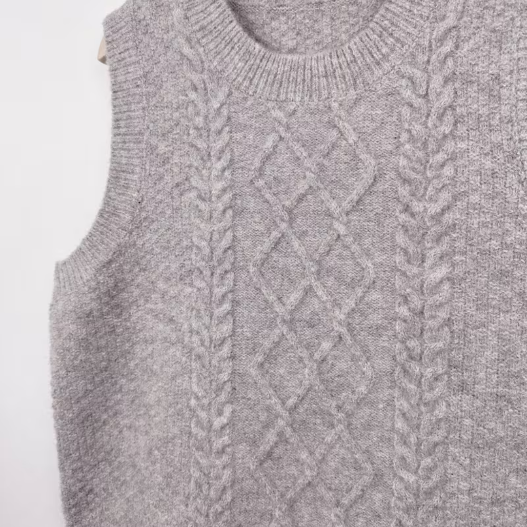 Women's Stretchy Cable- Vest - Round Neck Sleeveless Open Back Design, Solid Grey High Elasticity Machine-Washable Layering Piece for Spring/Fall, Casual to Formal Wear, Sleeveless Vests, Versatile Clothing, Academic Style, Comfortable Fit