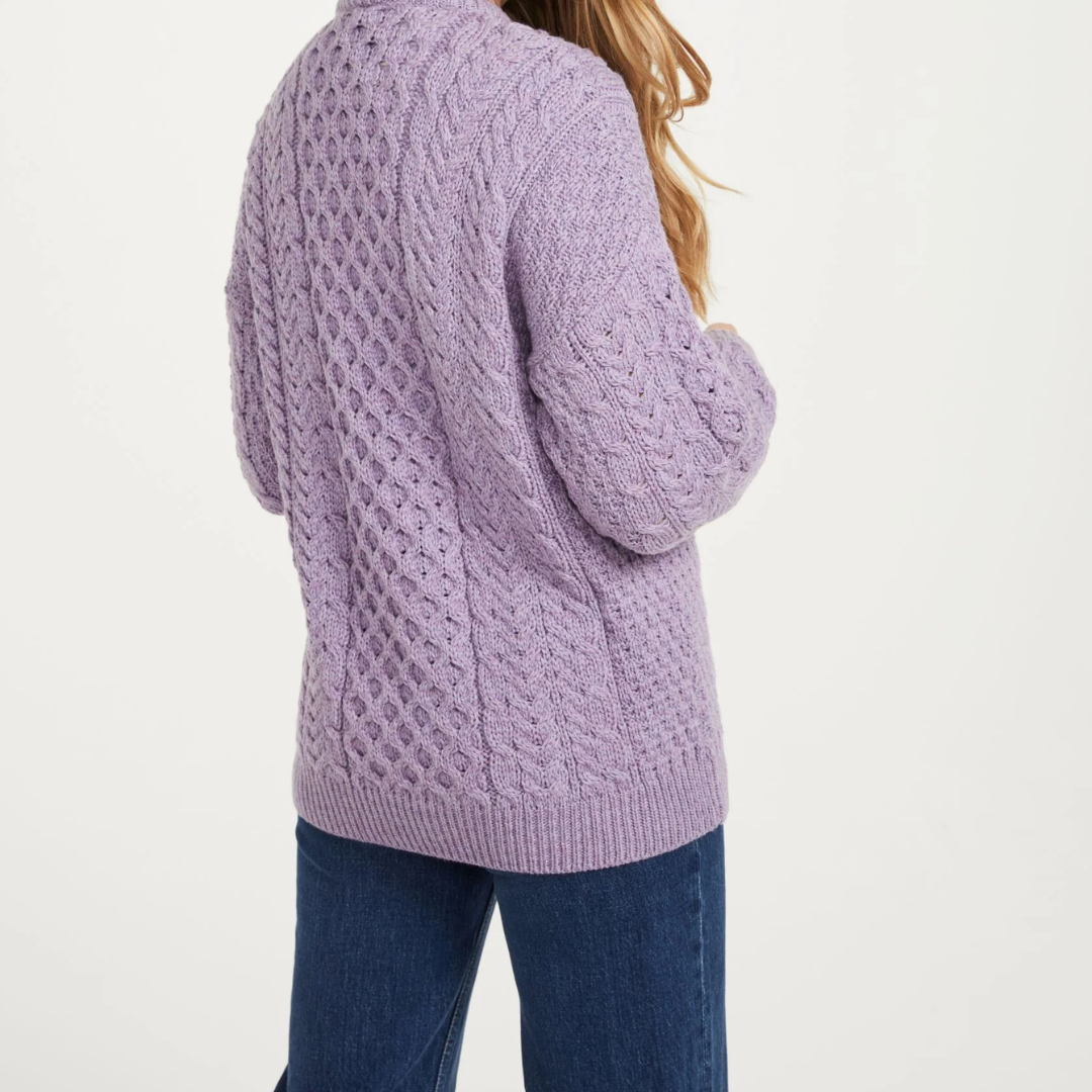 Achill Island Ladies Merino Aran Cardigan - Lavender