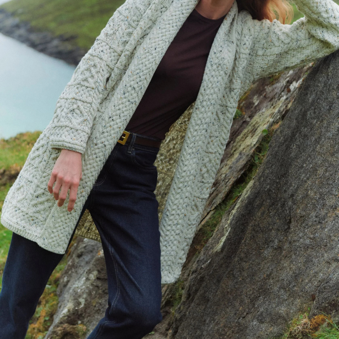 Tara Ladies Merino Aran Long Shawl Cardigan - Flecked Cream