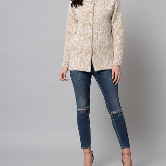eWools Women's Wool Round Neck Cardigan