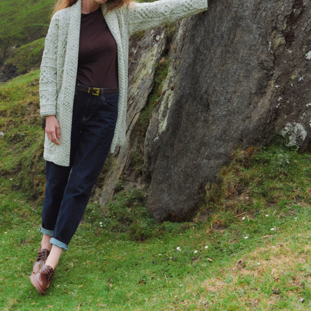 Tara Ladies Merino Aran Long Shawl Cardigan - Flecked Cream