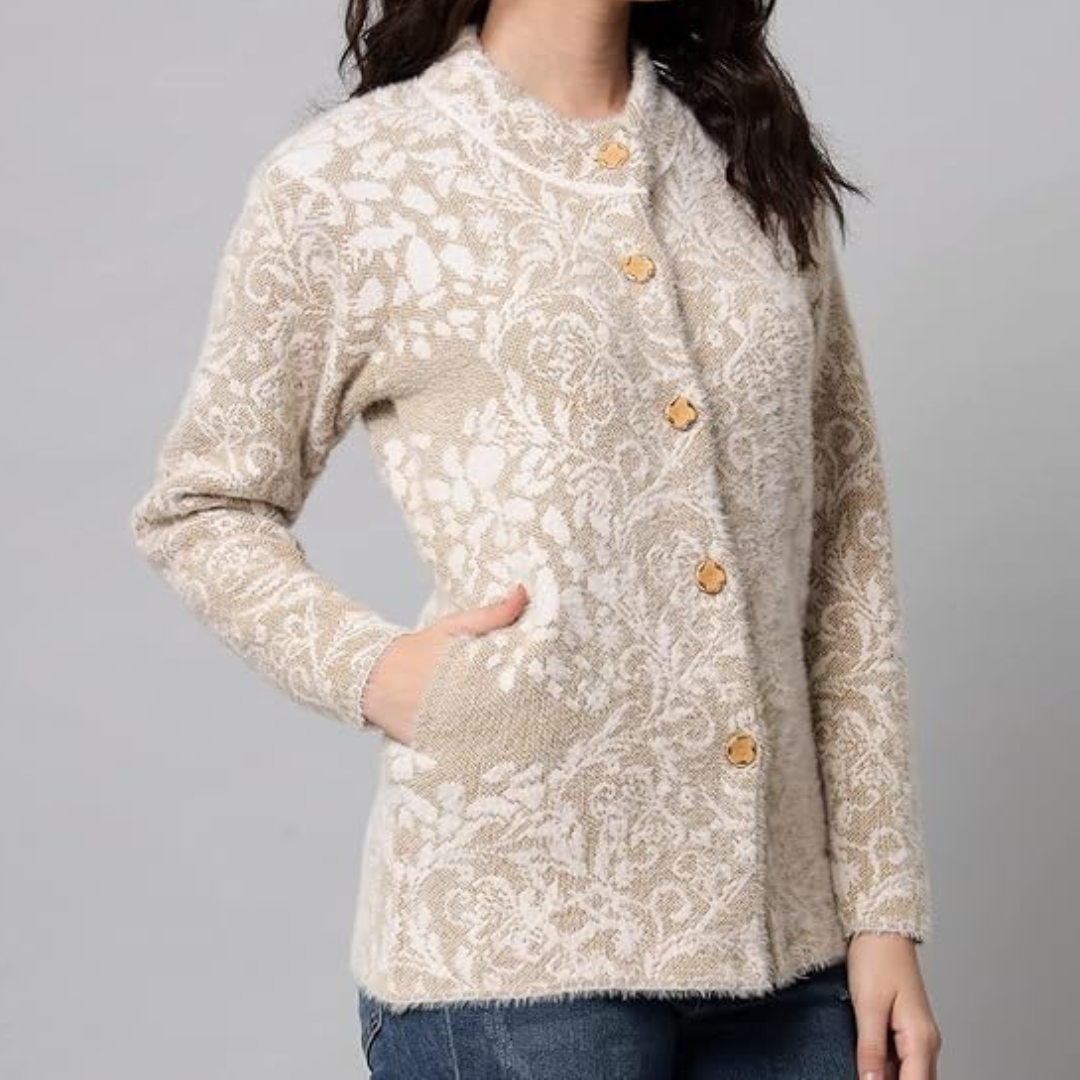 eWools Women's Wool Round Neck Cardigan